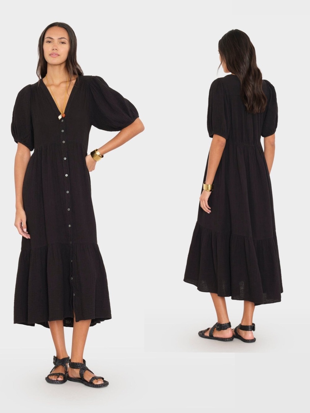 Xirena Lennox Black Cotton Gauze Button Front Midi Boho Cottagecore Dress Small